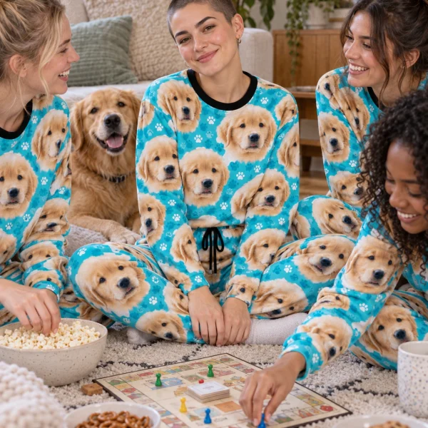 Woman and friends in matching womens Christmas pajamas with golden retriever puppy faces on teal paw-print fabric — MyDogPics