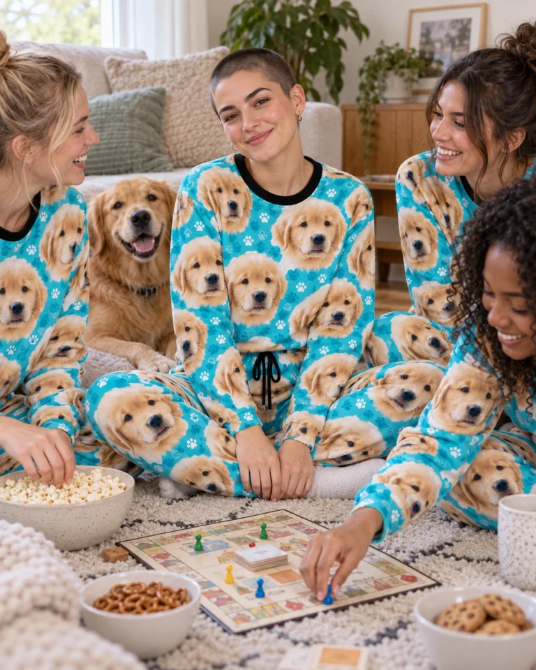 Woman and friends in matching womens Christmas pajamas with golden retriever puppy faces on teal paw-print fabric — MyDogPics