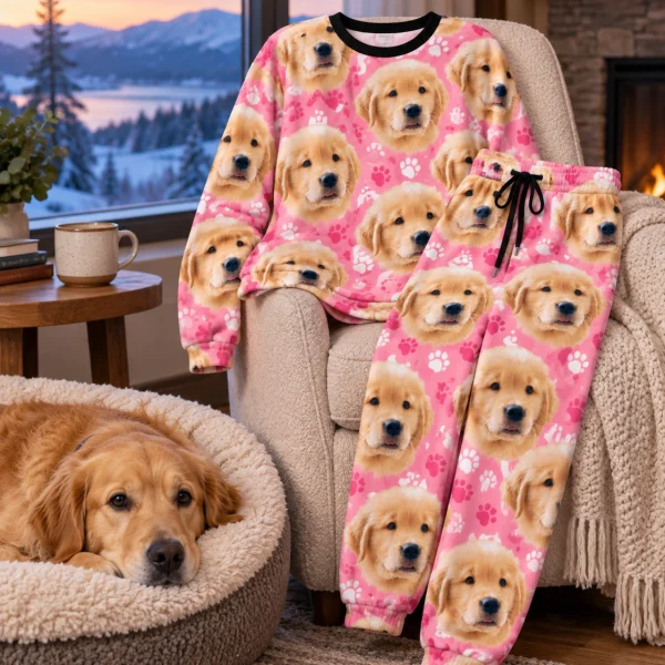 Flat lay of womens Christmas pajamas: top and pants covered in golden retriever puppy faces — MyDogPics