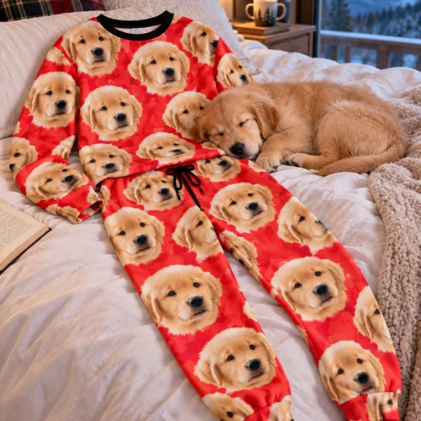 Flat lay of womens Christmas pajamas: top and pants covered in golden retriever puppy faces — MyDogPics