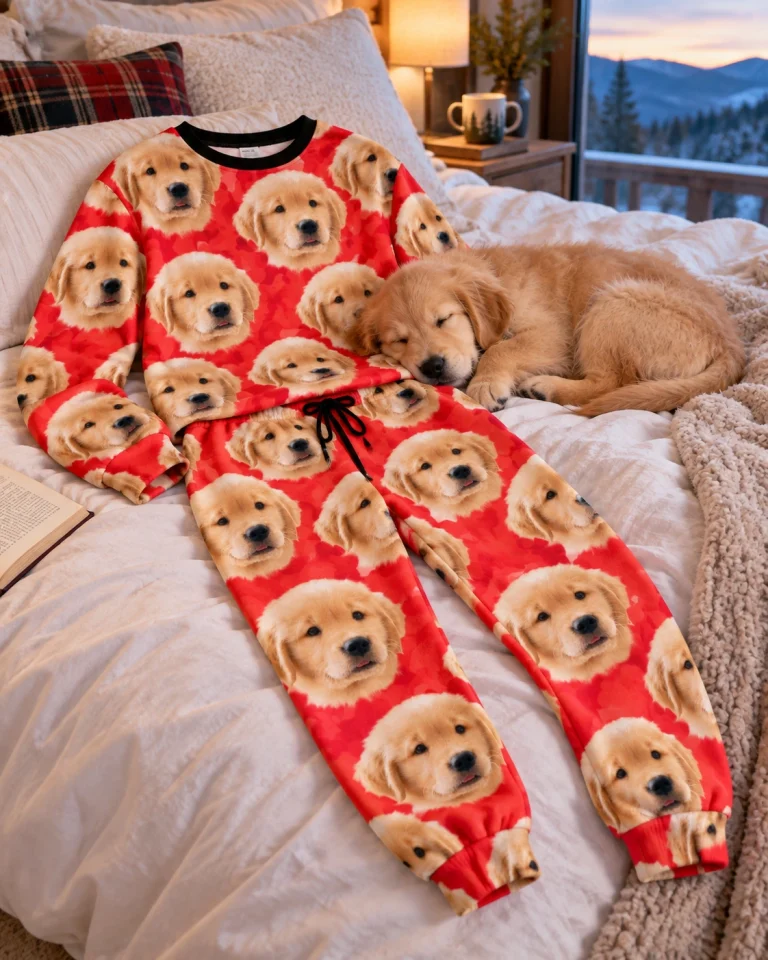 Flat lay of womens Christmas pajamas: top and pants covered in golden retriever puppy faces — MyDogPics