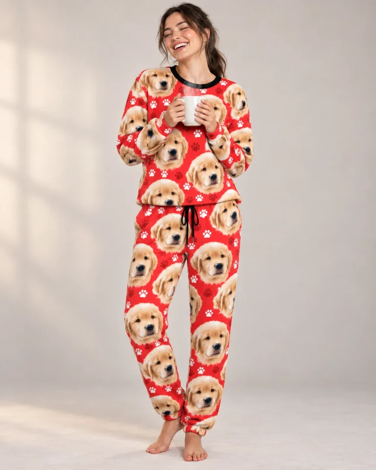 Woman wearing womens Christmas pajamas covered in golden retriever puppy faces on red paw-print fabric — MyDogPics