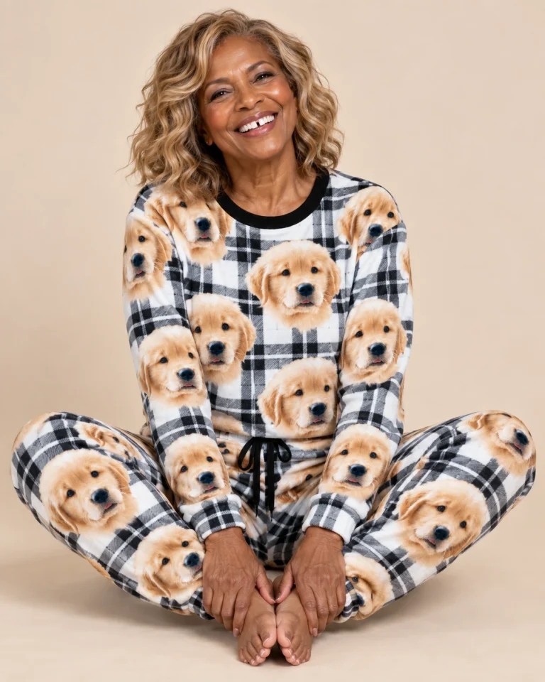 Woman sitting in womens Christmas pajamas covered in golden retriever puppy faces — MyDogPics