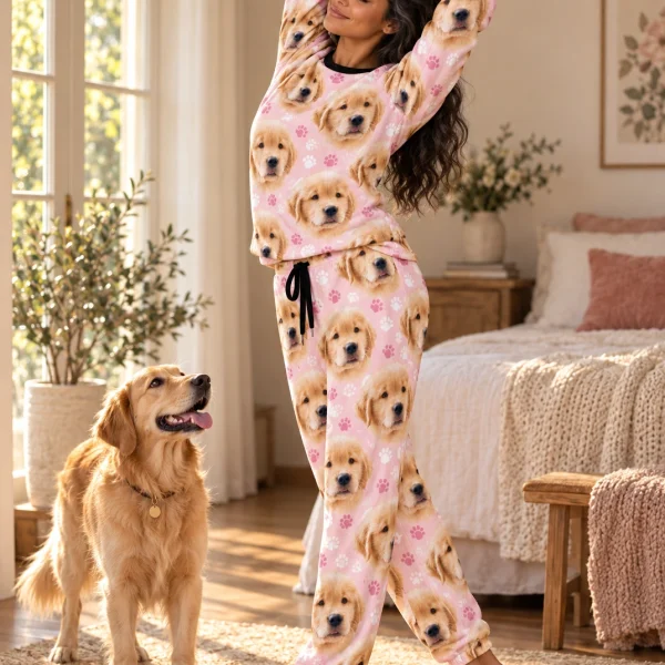 Woman in womens Christmas pajamas with a golden retriever — MyDogPics