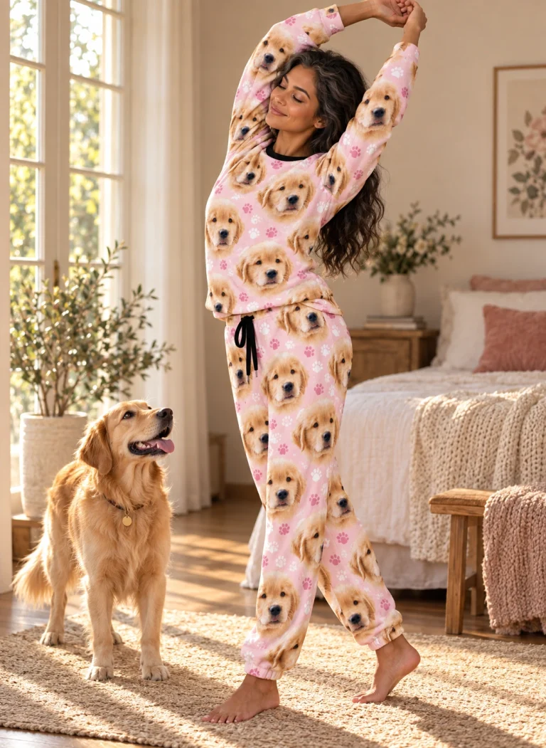 Woman in womens Christmas pajamas with a golden retriever — MyDogPics