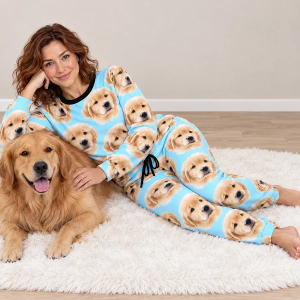 Woman in womens Christmas pajamas with a golden retriever — MyDogPics