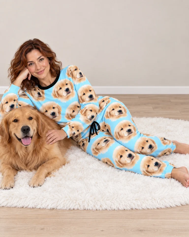 Woman in womens Christmas pajamas with a golden retriever — MyDogPics