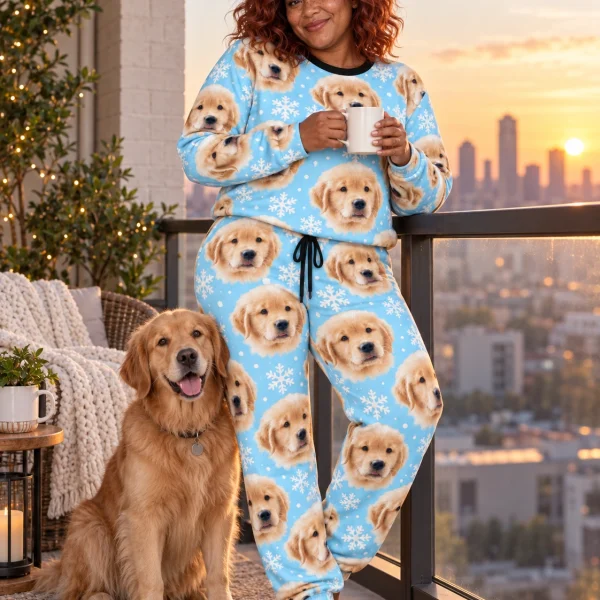 Woman in womens Christmas pajamas with a golden retriever — MyDogPics