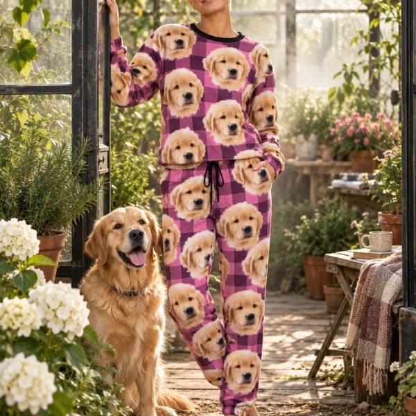 Woman in womens Christmas pajamas with a golden retriever — MyDogPics