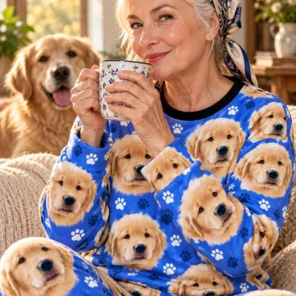 Woman in womens Christmas pajamas with a golden retriever — MyDogPics