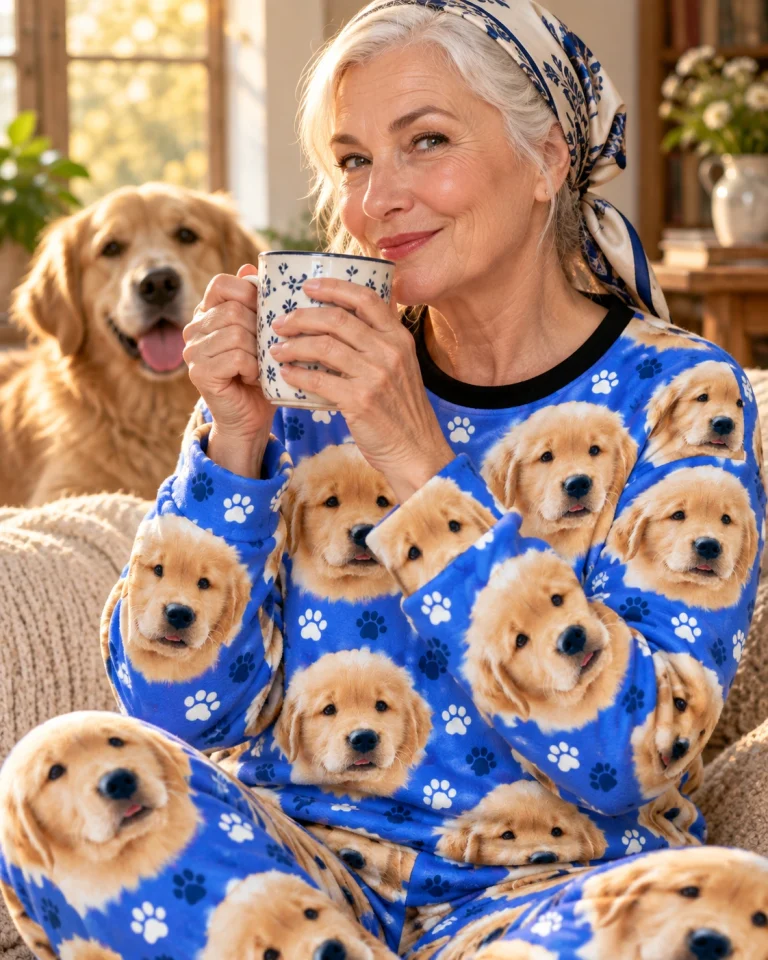 Woman in womens Christmas pajamas with a golden retriever — MyDogPics