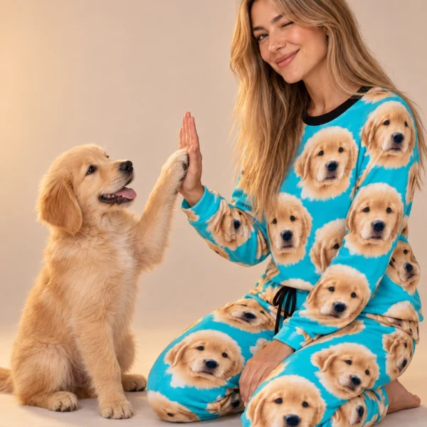 Woman in womens Christmas pajamas with her golden retriever puppy — MyDogPics