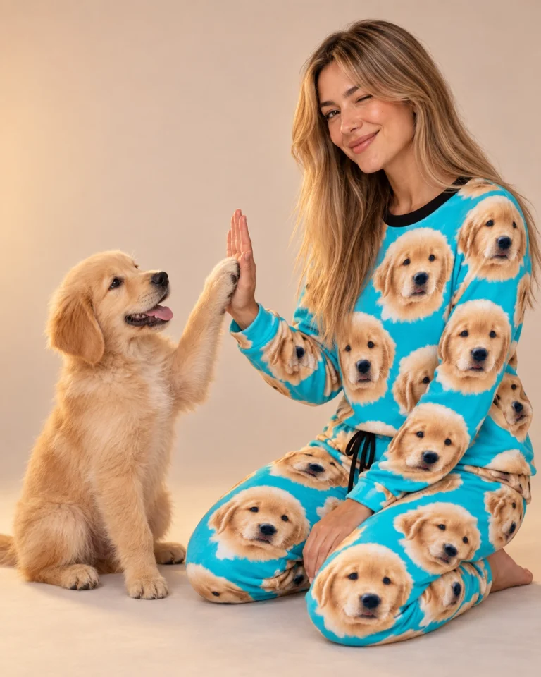 Woman in womens Christmas pajamas with her golden retriever puppy — MyDogPics