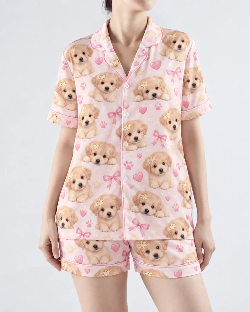 Close-up of the womens dog pajamas print: fluffy cream puppy faces on blush pink satin with bows — MyDogPics