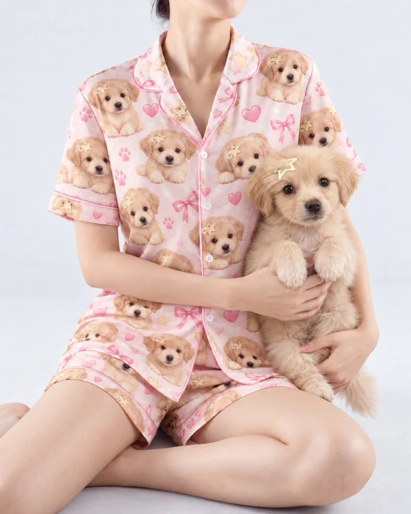 Woman in womens dog pajamas cuddling her fluffy puppy — MyDogPics