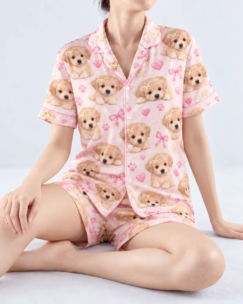 Woman sitting in womens dog pajamas covered in fluffy cream puppy faces — MyDogPics