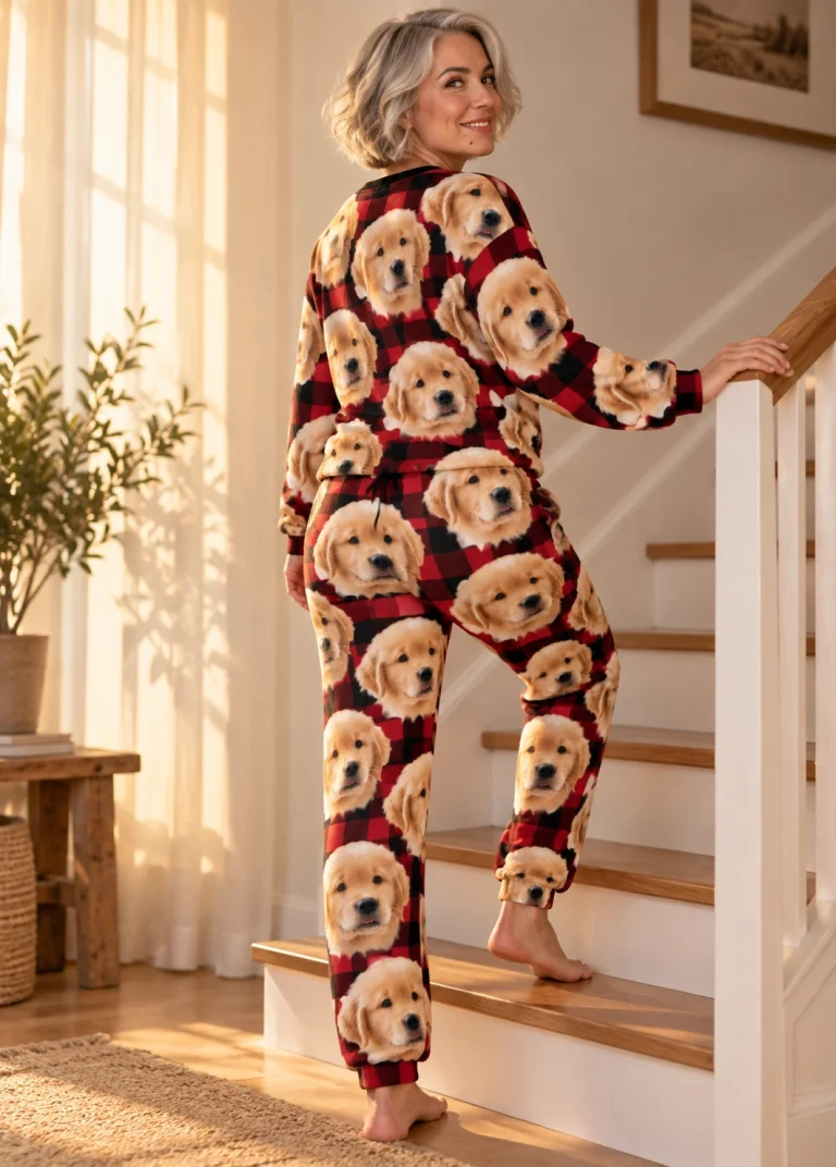 Back view of womens jogger pajamas: the print continues all the way round — MyDogPics