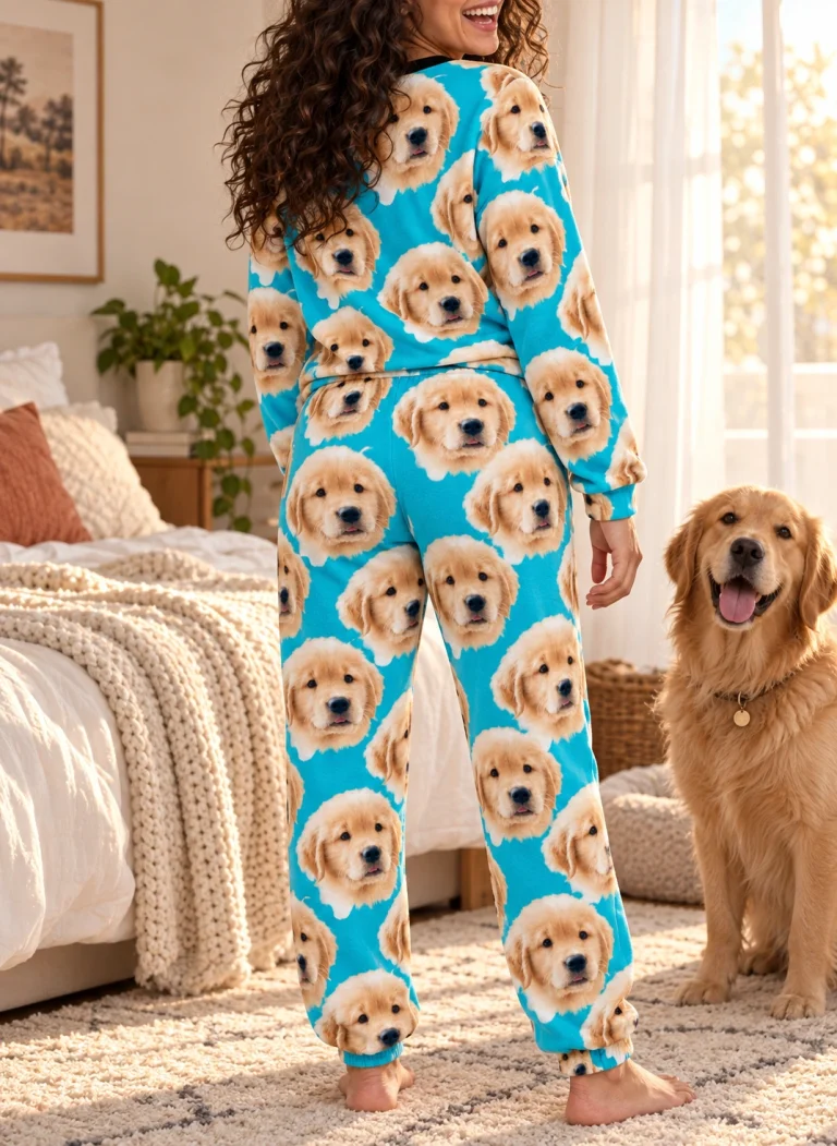 Back view of womens jogger pajamas: the print continues all the way round — MyDogPics