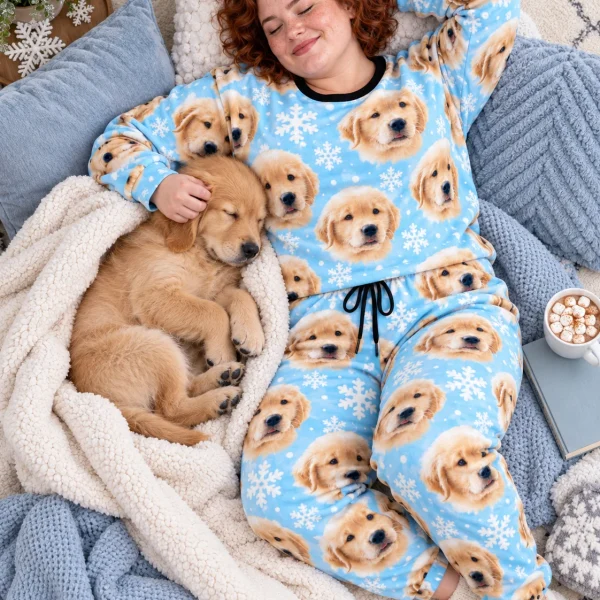 Woman in womens jogger pajamas cuddling her golden retriever puppy — MyDogPics