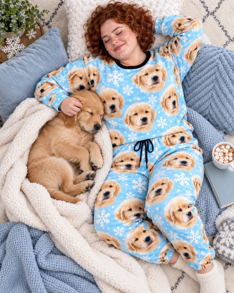 Woman in womens jogger pajamas cuddling her golden retriever puppy — MyDogPics