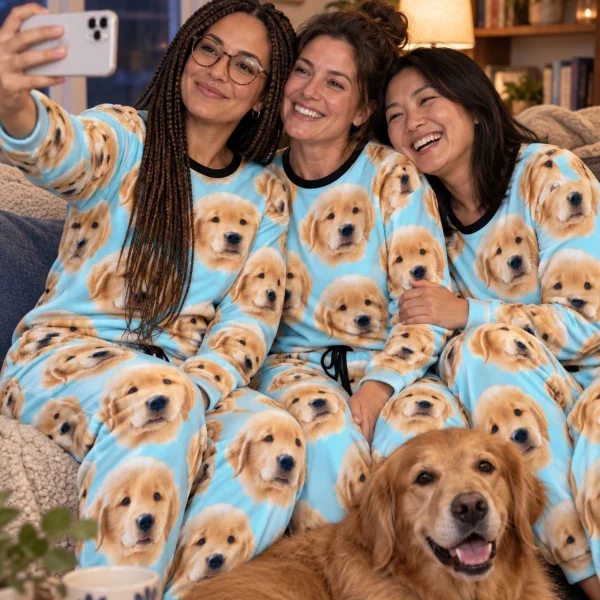 Woman and friends in matching womens jogger pajamas with golden retriever puppy faces on light blue fabric — MyDogPics