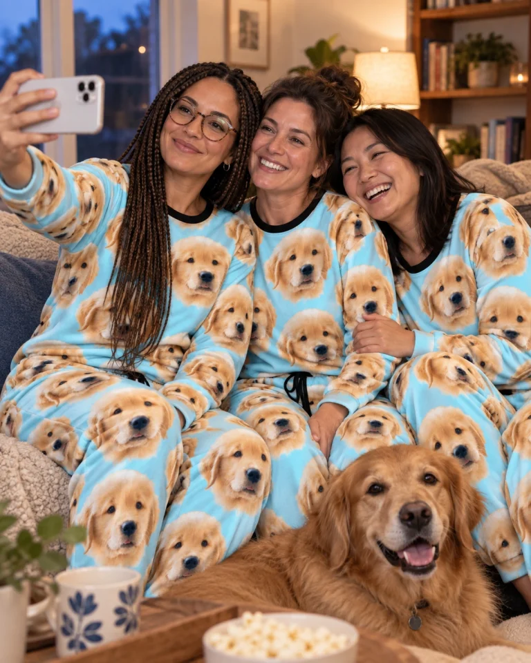 Woman and friends in matching womens jogger pajamas with golden retriever puppy faces on light blue fabric — MyDogPics