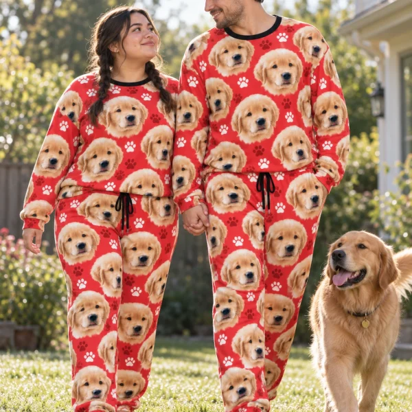 Woman and her partner in matching womens jogger pajamas with golden retriever puppy faces on red paw-print fabric — MyDogPics