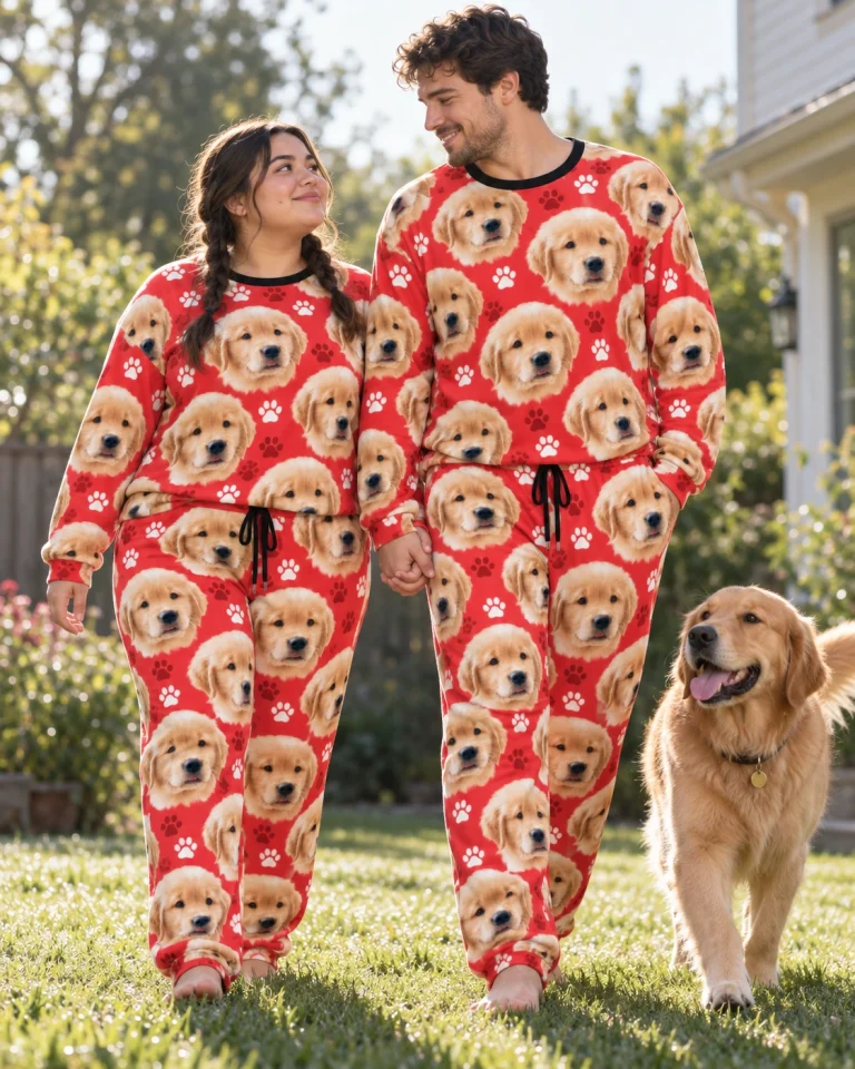 Woman and her partner in matching womens jogger pajamas with golden retriever puppy faces on red paw-print fabric — MyDogPics