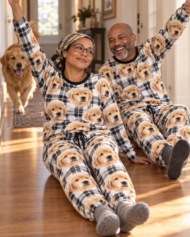 Woman and her partner in matching womens jogger pajamas with golden retriever puppy faces on white plaid fabric — MyDogPics