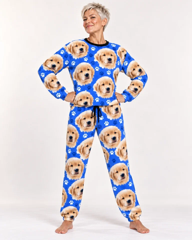 Woman wearing womens jogger pajamas covered in golden retriever puppy faces on royal blue paw-print fabric — MyDogPics