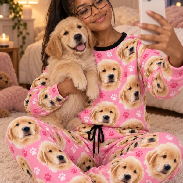 Woman in womens jogger pajamas holding her golden retriever puppy — MyDogPics