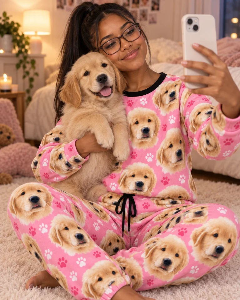 Woman in womens jogger pajamas holding her golden retriever puppy — MyDogPics
