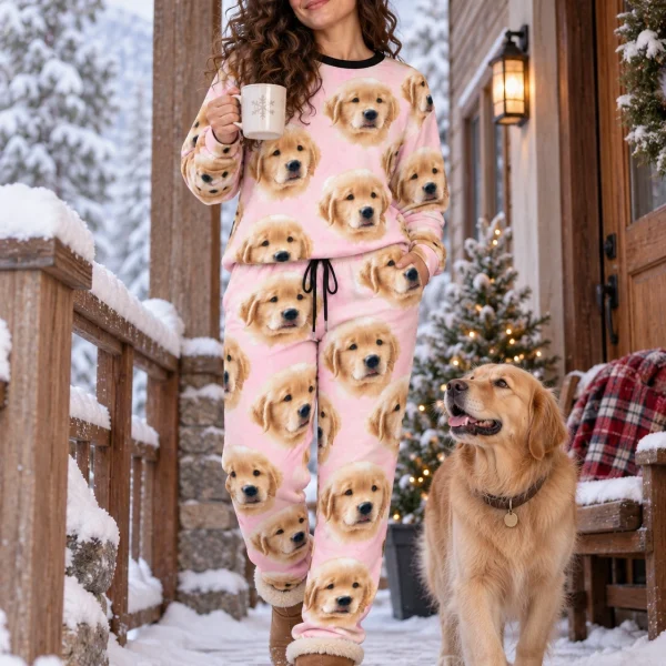 Woman in womens jogger pajamas with a golden retriever — MyDogPics
