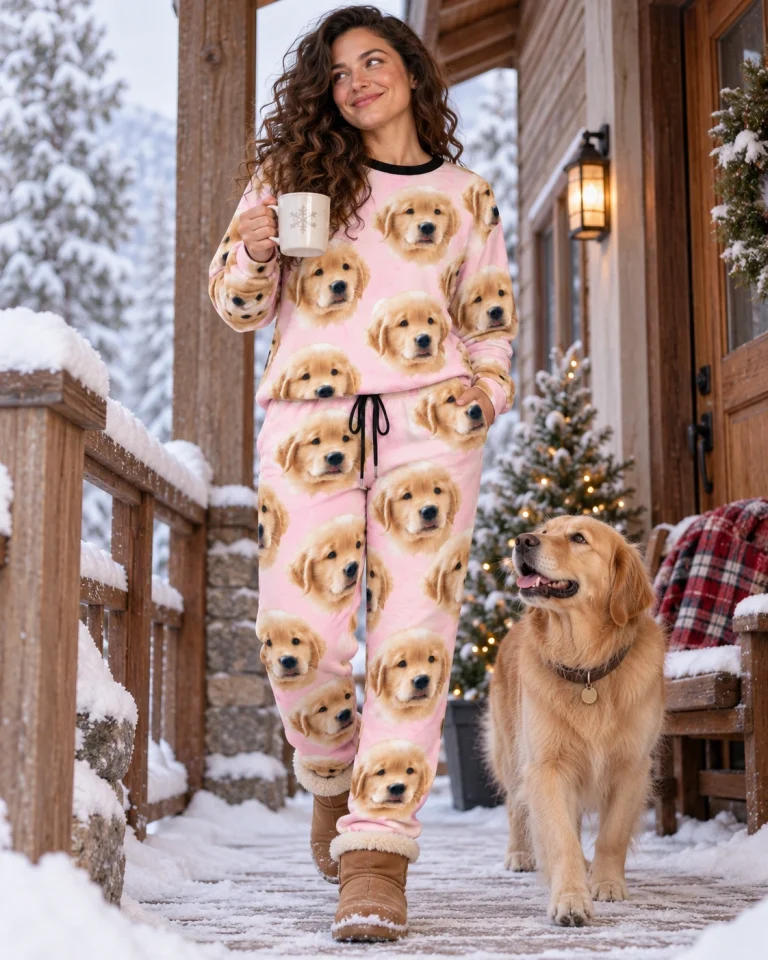 Woman in womens jogger pajamas with a golden retriever — MyDogPics