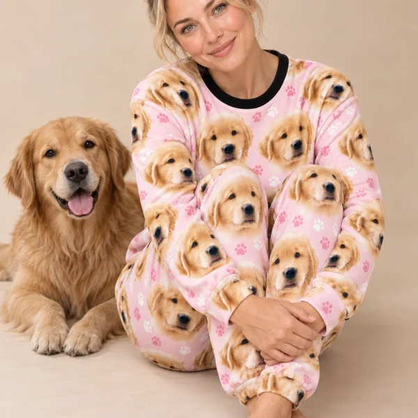 Woman in womens jogger pajamas with a golden retriever — MyDogPics