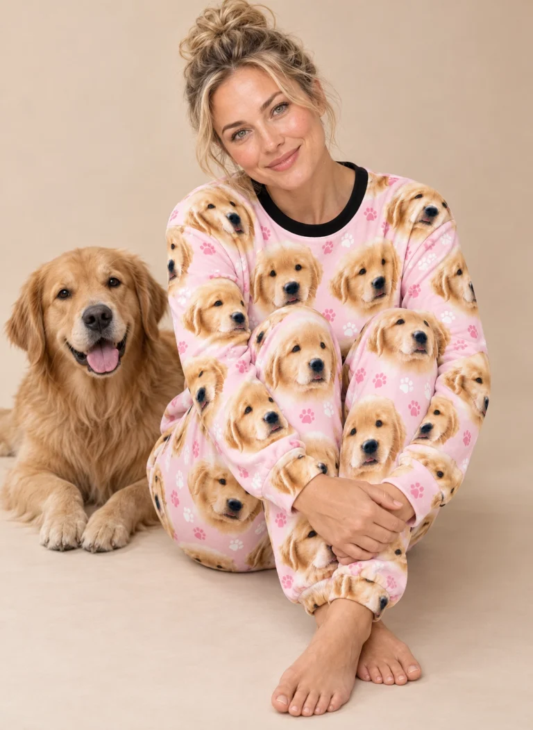 Woman in womens jogger pajamas with a golden retriever — MyDogPics