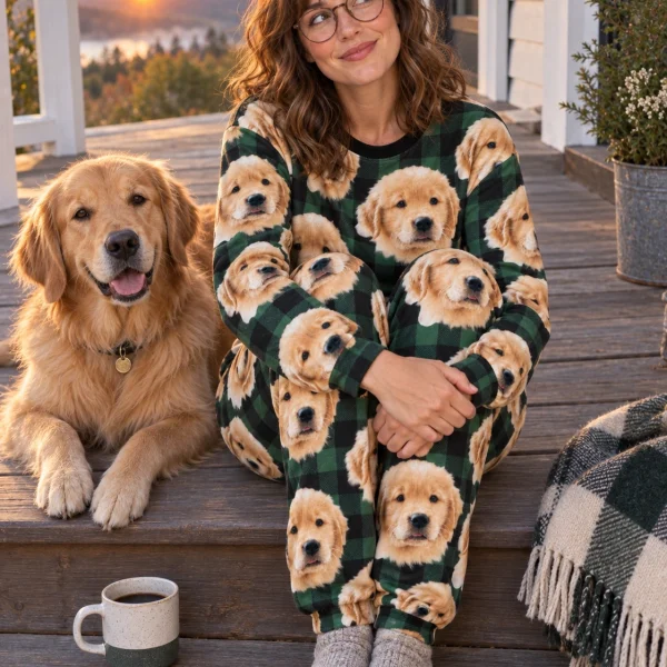 Woman in womens jogger pajamas with a golden retriever — MyDogPics