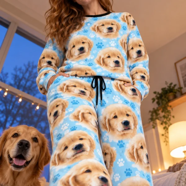 Woman in womens jogger pajamas with a golden retriever — MyDogPics