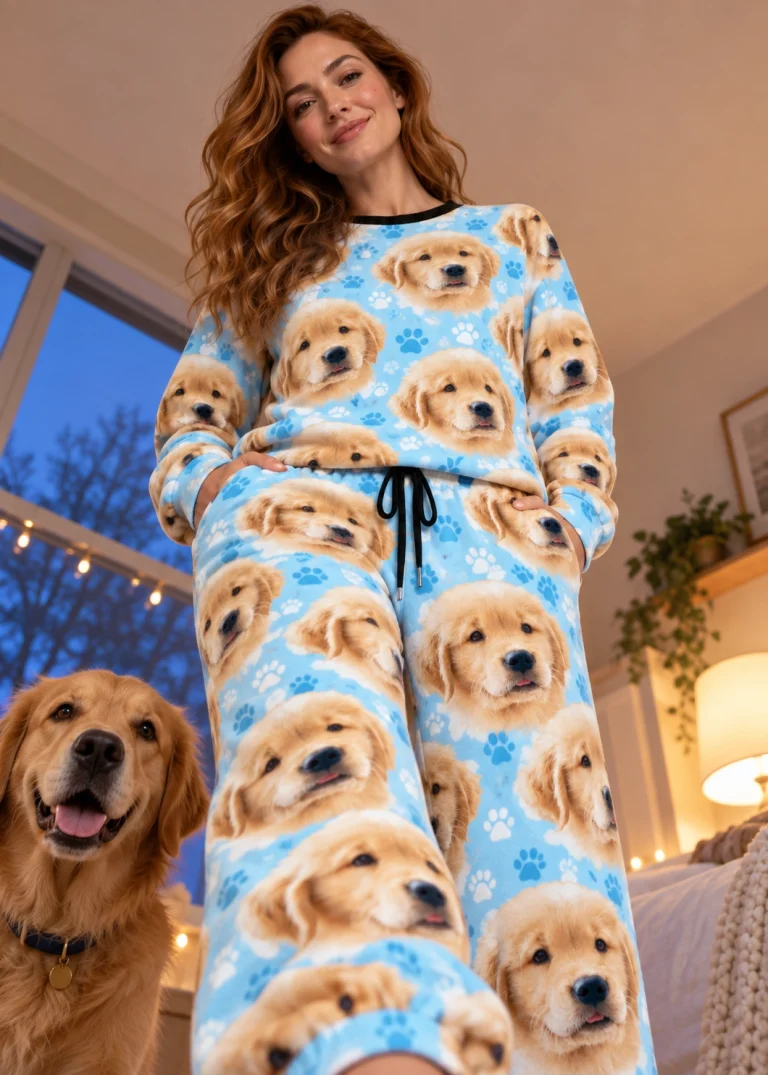 Woman in womens jogger pajamas with a golden retriever — MyDogPics