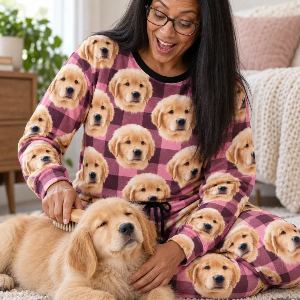 Woman in womens jogger pajamas with her golden retriever puppy — MyDogPics