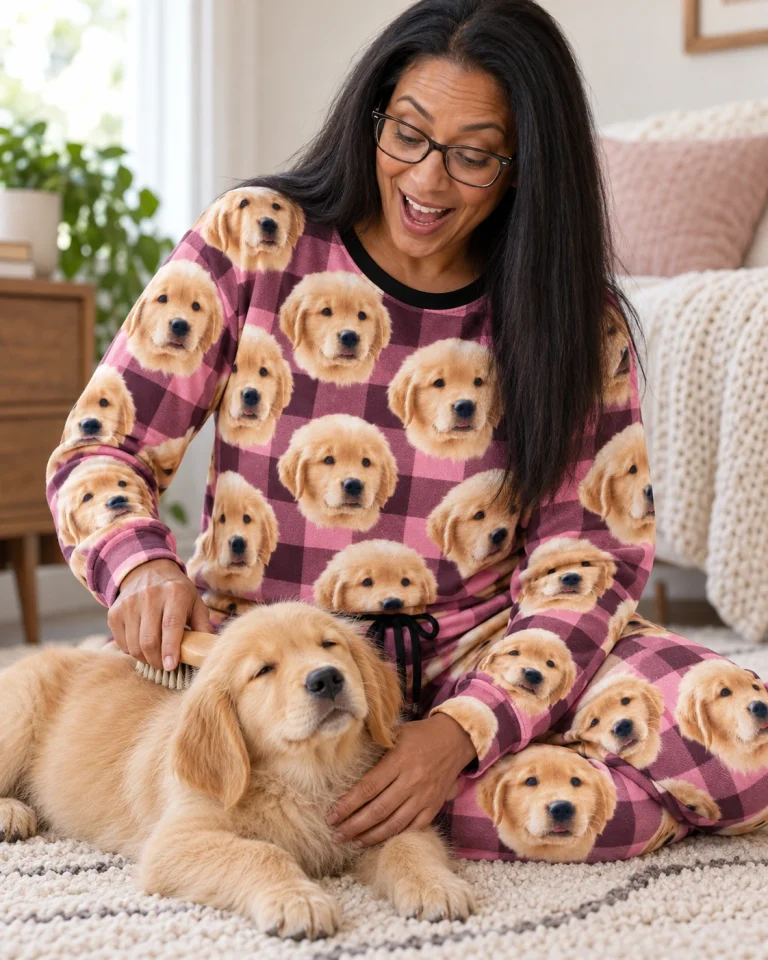 Woman in womens jogger pajamas with her golden retriever puppy — MyDogPics