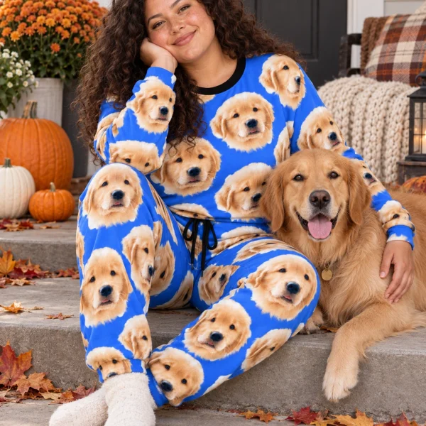Woman in womens jogger pajamas with a golden retriever — MyDogPics