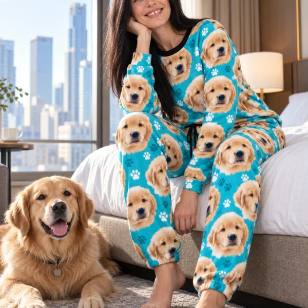 Woman in womens jogger pajamas with a golden retriever — MyDogPics