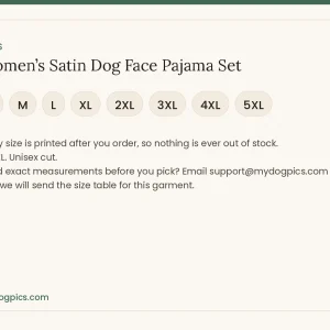 size guide for women’s satin dog face pajama set from MyDogPics, printed with your own dog photo