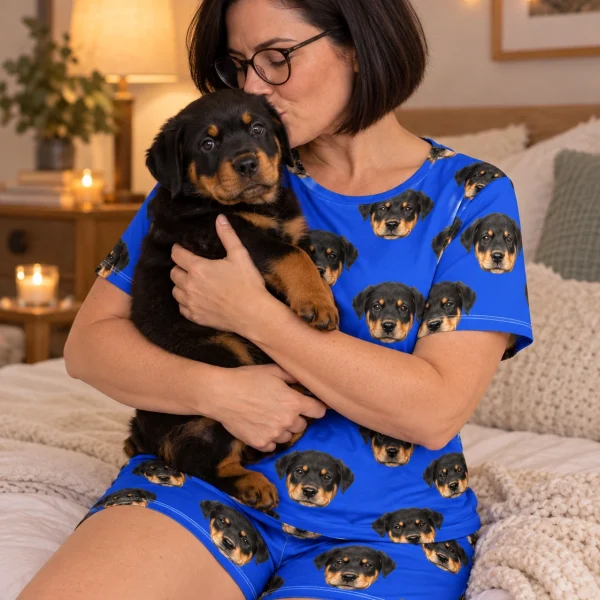 Woman in womens short pajamas cuddling her Rottweiler puppy — MyDogPics