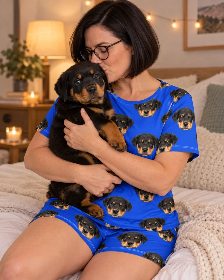 Woman in womens short pajamas cuddling her Rottweiler puppy — MyDogPics