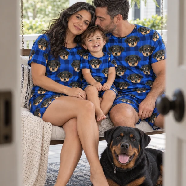 Woman and family in matching womens short pajamas with Rottweiler puppy faces on blue plaid fabric — MyDogPics