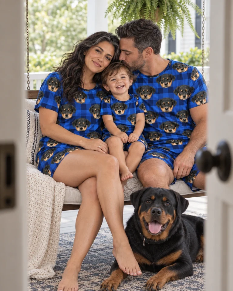 Woman and family in matching womens short pajamas with Rottweiler puppy faces on blue plaid fabric — MyDogPics