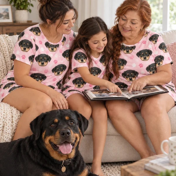 Woman and family in matching womens short pajamas with Rottweiler puppy faces on blush pink paw-print fabric — MyDogPics