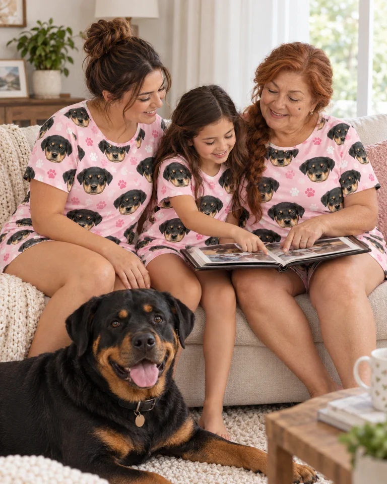 Woman and family in matching womens short pajamas with Rottweiler puppy faces on blush pink paw-print fabric — MyDogPics